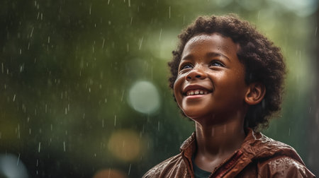 Portrait of a cute african american little boy in the rainの素材