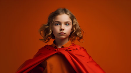 Fashionable little girl in a red raincoat on a orange background.の素材