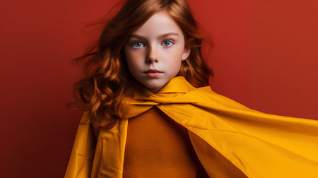 Fashionable redhead girl with freckles in a yellow raincoat on a red background.の素材