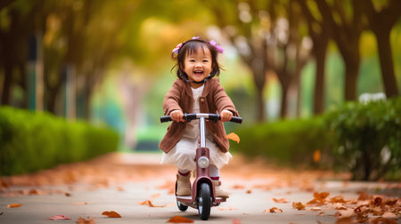 Happy asian little girl riding a scooter in the park.の素材