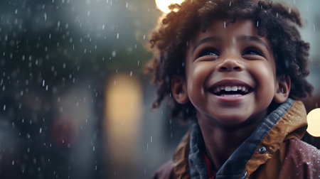 Portrait of a smiling little boy with curly hair in the rainの素材