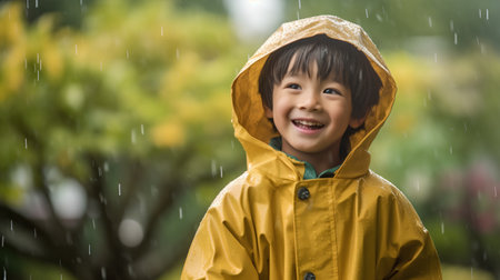 Little asian boy in yellow raincoat smiling and looking at camera in the rainの素材