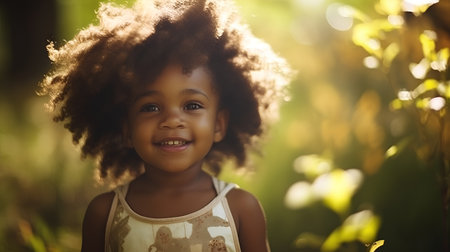 Little african american girl in the forest at sunny summer dayの素材