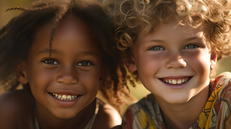Portrait of two little girls with curly hair smiling and looking at cameraの素材