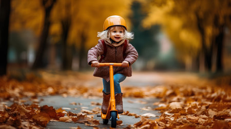 Cute little girl riding a scooter in the autumn park.の素材