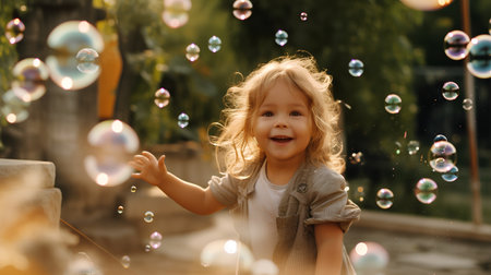 Cute little girl playing with soap bubbles in the park. Happy childhood concept.の素材