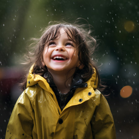 Cute little girl having fun on a rainy autumn day. Happy child playing outdoors.の素材