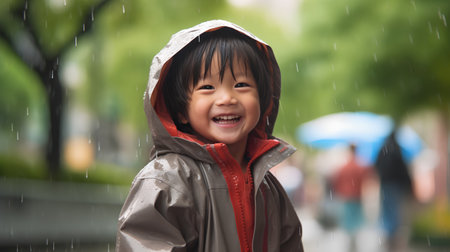Cute asian little girl playing in the rain on rainy dayの素材