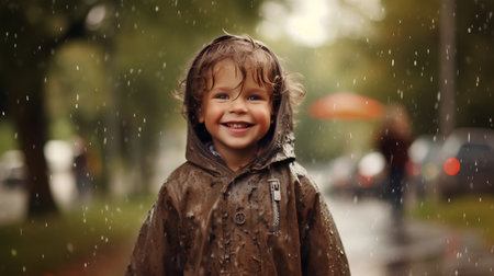 Portrait of happy little boy in raincoat looking at camera outdoorsの素材