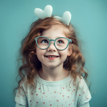 Cute little girl in glasses and rabbit ears over blue background.の素材
