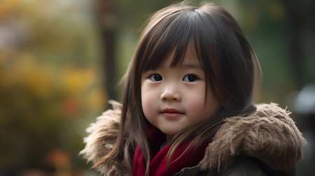 Portrait of cute little asian girl in the autumn park.の素材