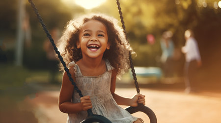 Happy african american little girl swinging on a swing in the parkの素材