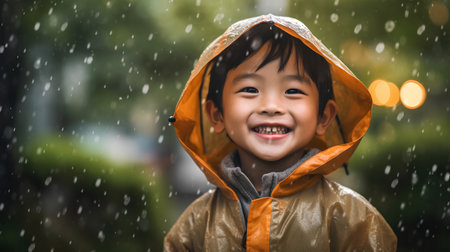 Portrait of a happy asian little boy playing in the rainの素材