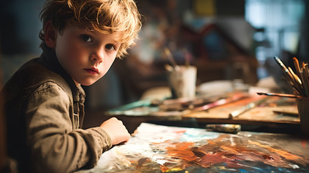 Portrait of cute little boy painting with watercolors in art studioの素材