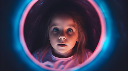 Portrait of a little girl in a tunnel of neon light.の素材