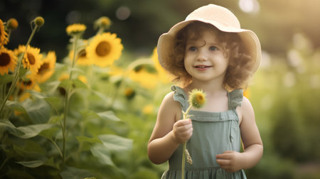 Portrait of a cute little girl in the sunflower field.の素材
