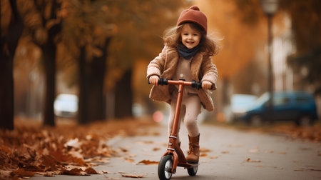 Adorable little girl riding a scooter in the autumn park.の素材
