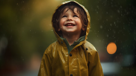 Portrait of a smiling little boy in a yellow raincoat standing in the rainの素材