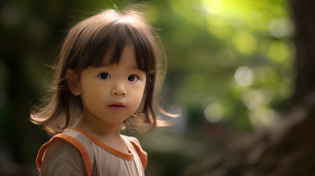 cute little asian girl in the park with bokeh backgroundの素材