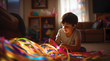Cute little boy playing with colorful streamers and ribbons at homeの素材