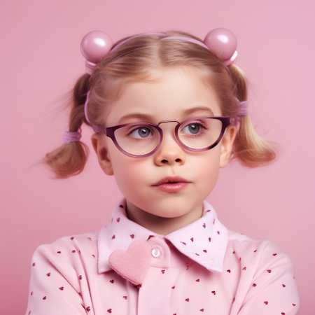 Portrait of a little girl in pink clothes and glasses on a pink background.の素材