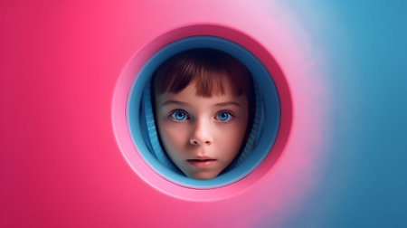 Little girl looking through the hole in pink paper. 3d renderingの素材