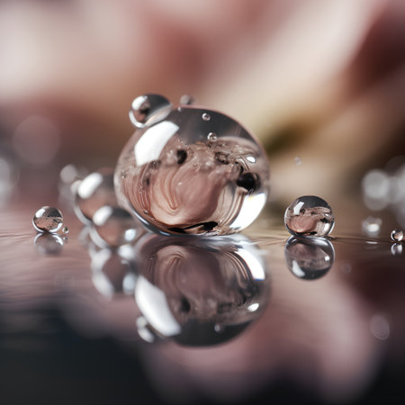 Water drops on a water surface with reflection and copyspace.の素材
