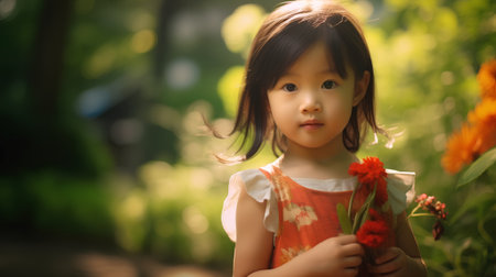 Little asian girl with flower in the garden, vintage color toneの素材