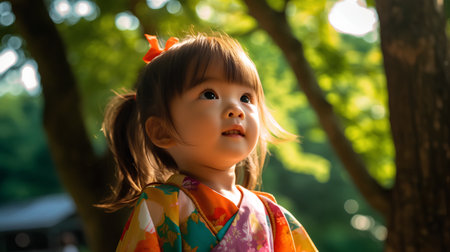 Japanese girl in kimono (2 years old) in the parkの素材