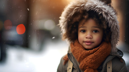Portrait of cute african american little girl in winter coat and scarfの素材