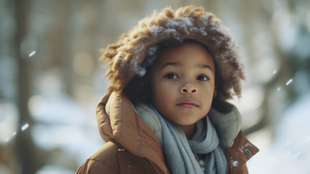 Portrait of a cute little african american girl in winter parkの素材