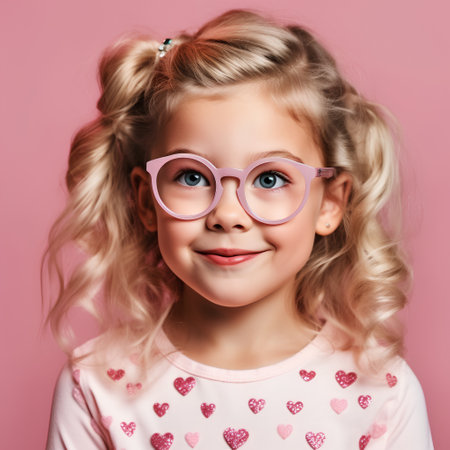 Portrait of a cute little girl in pink glasses on a pink background.の素材