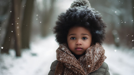 Portrait of a beautiful african american girl in winter parkの素材