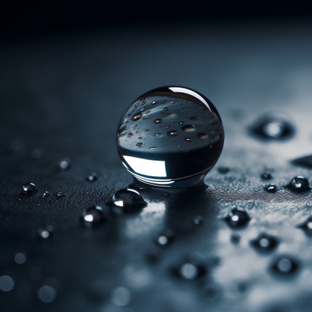 Water drops on glass sphere with reflection on dark background. 3d renderの素材