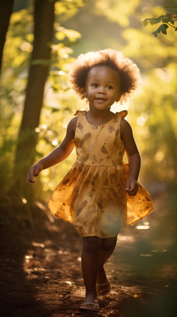 Cute little African American girl with curly hair in yellow dress walking in forestの素材