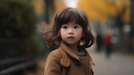 cute little asian girl with brown coat walking in the streetの素材