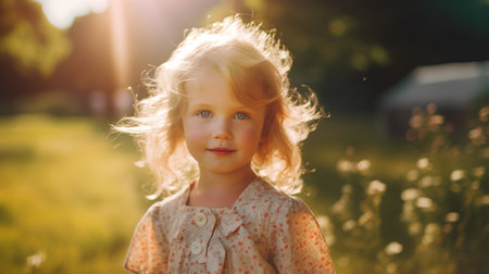 Portrait of a cute little girl with long blond hair in the fieldの素材