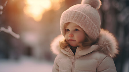 Portrait of a cute little girl in a hat and coat in winterの素材