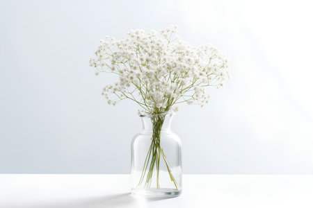 White gypsophila flowers in glass vase on white backgroundの素材
