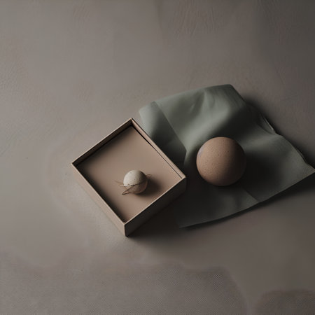 Gift box and easter eggs on a gray background, top viewの素材