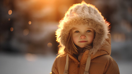 Portrait of a beautiful little girl in warm clothes in the winter forest.の素材