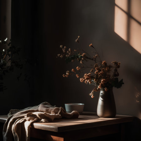 Still life with a vase of dried flowers and a cup of coffeeの素材