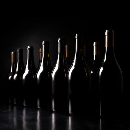 Wine bottles on a black background. Copy space for text.の素材