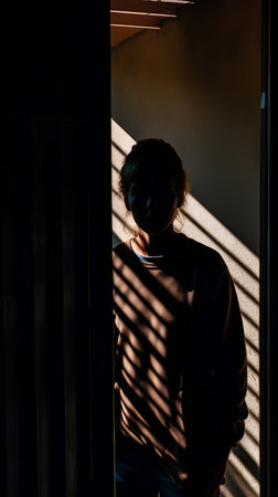 Silhouette of a girl in a dark room with blindsの素材