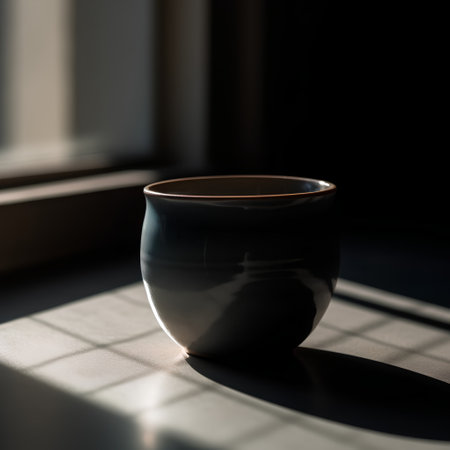 Ceramic cup on the window sill in the morning light.の素材