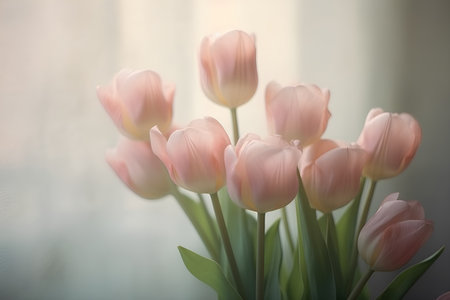 bouquet of pink tulips on a background of a windowの素材