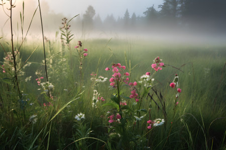 Blooming meadow in the morning mist. Beautiful summer landscape.の素材