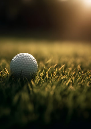 Golf ball on green grass at sunset. Golf ball on golf courseの素材