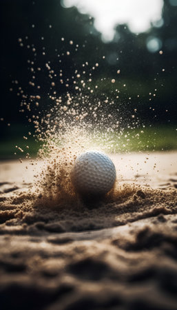 Golf ball on the sand of a golf course in the eveningの素材