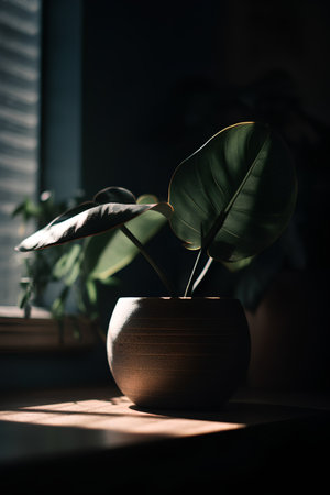 Ficus in a clay pot on a windowsill. Dark background.の素材